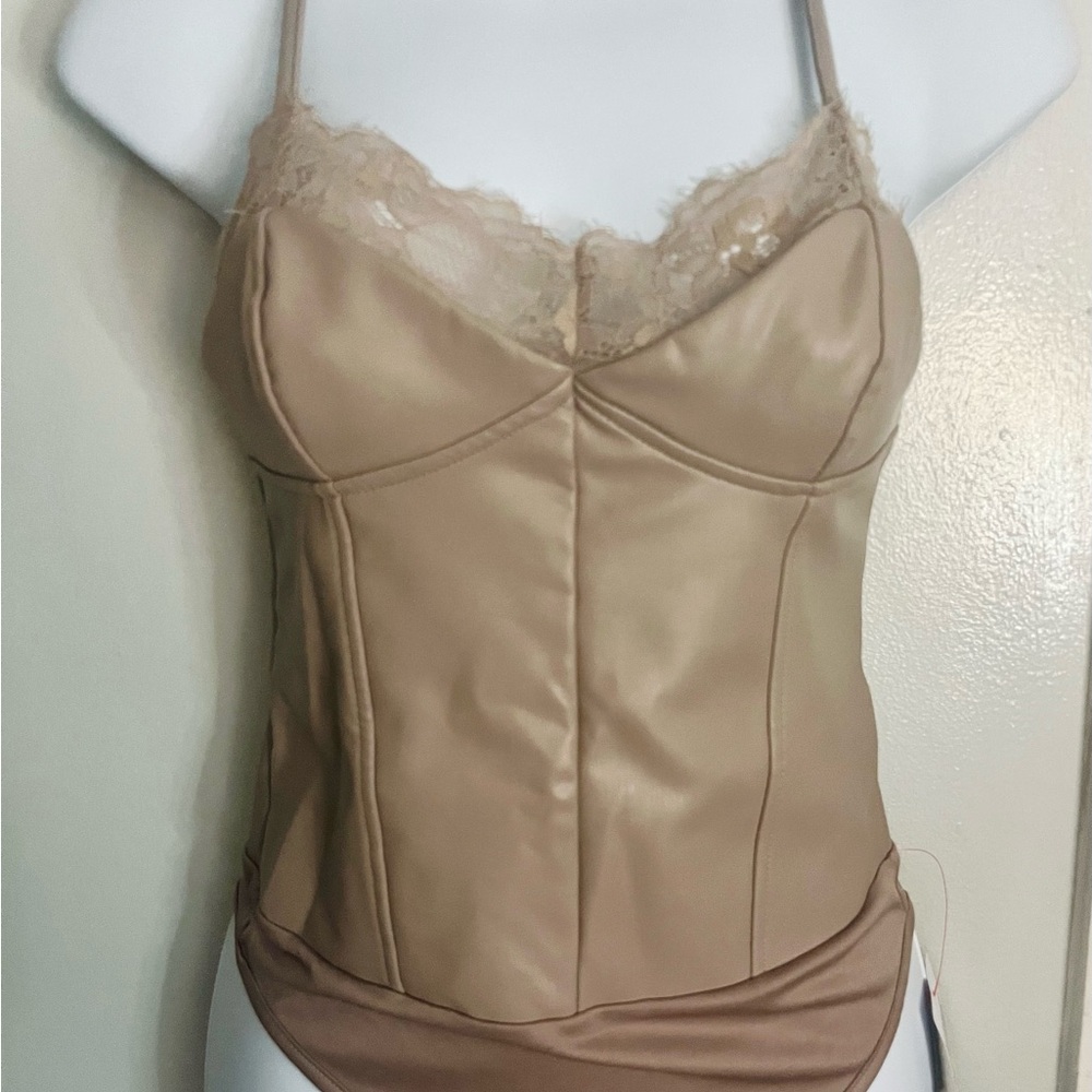 Taupe Lace-Trimmed Faux Leather Bodysuit Top